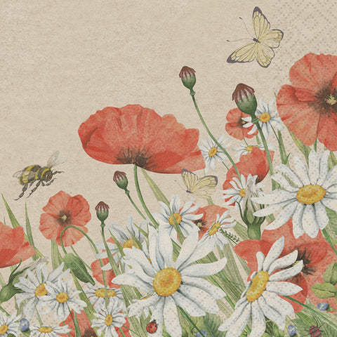 Paper Lunch Napkins, Natural Floral Poppies