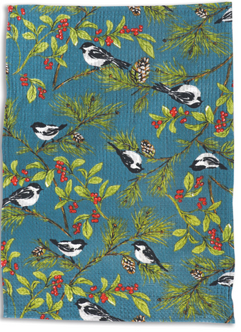 April Cornell Tea Towel, Chickadee - Winter Blue